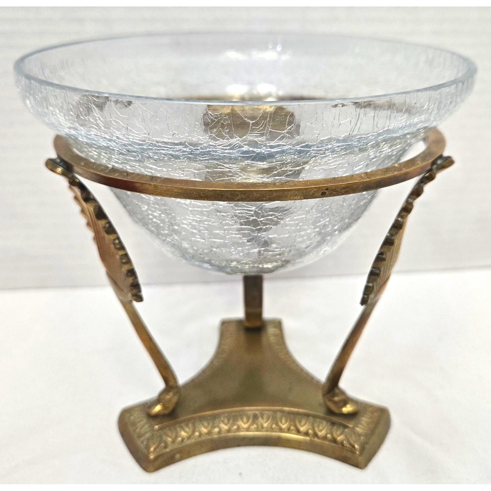 Vtg Hosley Brass Fanfair Potpourri Candle Bowl Stand 6" Crackle Glass Mint Label
